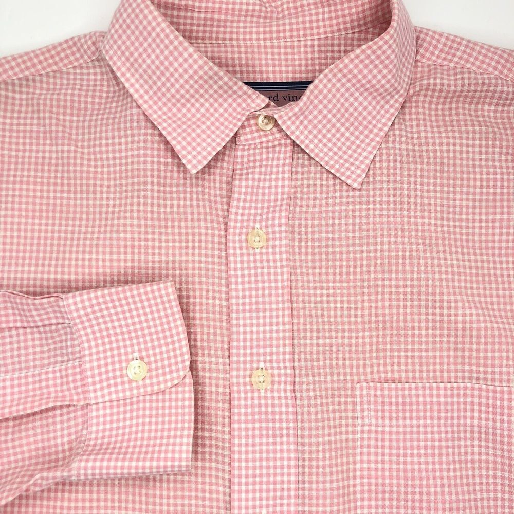 Vineyard Vines Men's Large Pink Gingham Greenwich Button‎ Up Long Sleeve Shirt